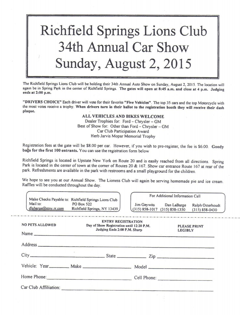 Richfield Springs Lions Club 34th Annual Car Show